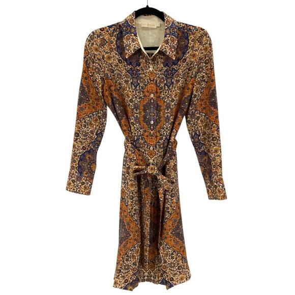 Tory Burch Soiree Pleated Silk Shirt Dress In Orange Soiree Blue Paisley Size 6 - Picture 2 of 15